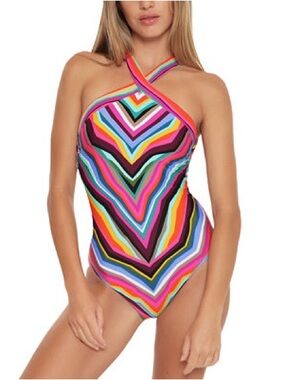 NWT Trina Turk Louvre Stripe Reversible High Neck One Piece Swimsuit